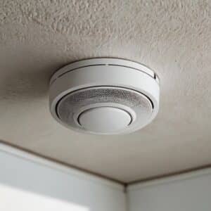 Détecteur de fumée fixé au plafond dans un système de détection incendie conforme aux normes de sécurité